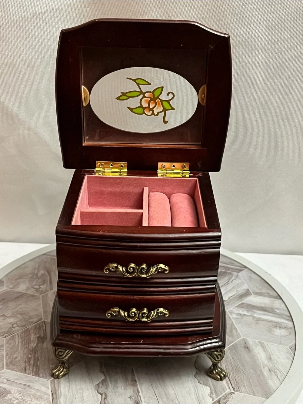 Vintage Style Wooden Jewelry Box 2 Drawer Floral Glass Top Brass Tone Feet